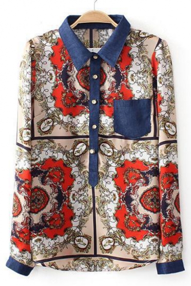 Baroque Style Kaleidoscope Printed Long Sleeves Point Collar Button-Down Leisure Shirt with Chest Pocket