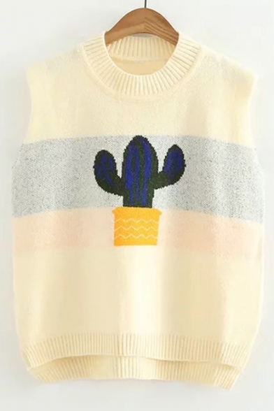 Cactus Pattern Round Neck Dip Hem Vest Pullover Sweater