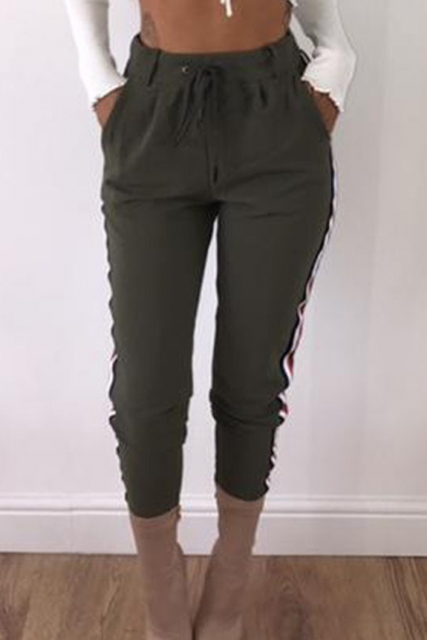 Casual Drawstring Waist Striped Pattern Side Slim-Fit Cropped Pants