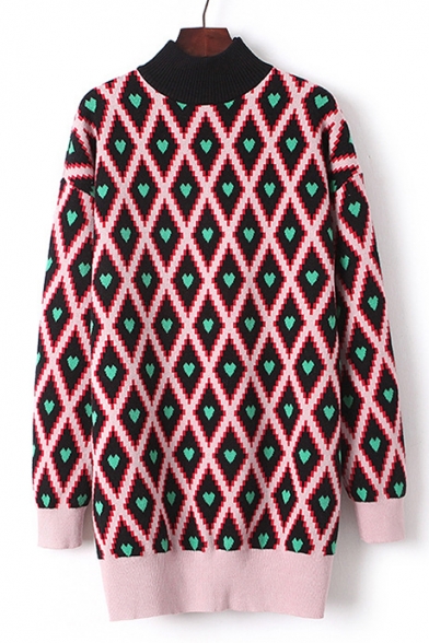 Color Block Heart Diamond Plaid High Neck Long Sleeve Tunic Sweater