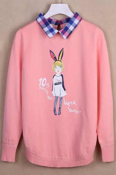 Cute Cartoon Girl Letter Print Fake Two-Piece Plaid Collar Pullover Sweater