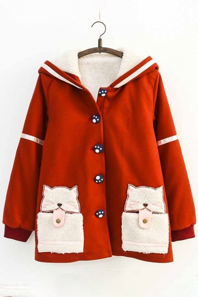 Cute Cats Cartoon Pockets Button Down Striped Hooded Embroidered Striped Coat