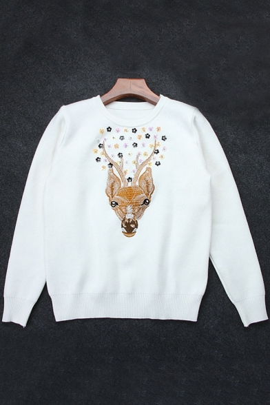 Deer Embroidered Sequined Floral Pattern Long Sleeve Round Neck Pullover Sweater