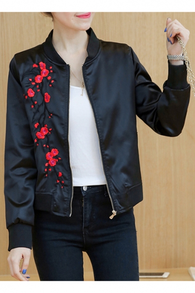 Embroidery Floral Pattern Long Sleeve Stand-Up Collar Zipper Baseball Jacket