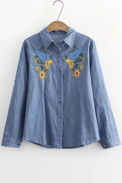 Ethic Bird Floral Embroidered Button Down Point Collar Long Sleeves Shirt