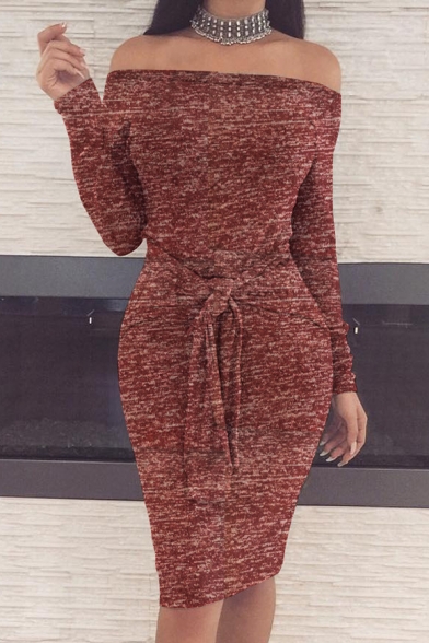 Ladylike Off the Shoulder Long Sleeves Bodycon Bow Belted Pencil Midi Dress