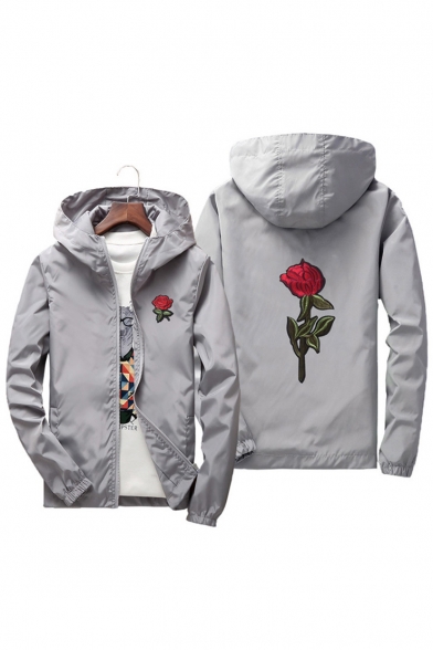 Leisure Embroidery Rose Pattern Long Sleeve Zipper Windproof Coat