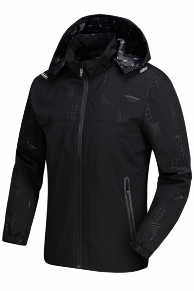 Leisure Long Sleeve Zipper Hooded Print Sport Windproof Coat