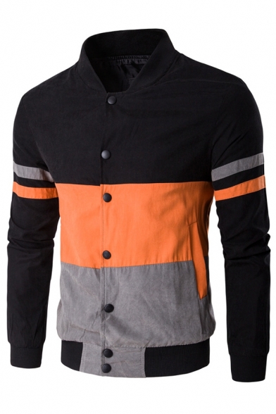Men's Fashion Color Block Striped Long Sleeves Button Down Baseball Jacket with Pockets