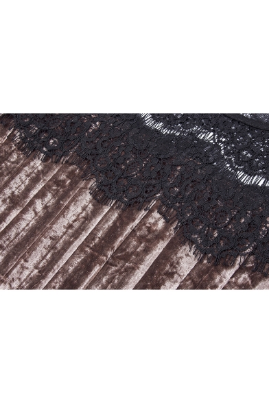New Stylish Lace Panel 3/4 Length Sleeve Round Neck Pleated Mini Dress
