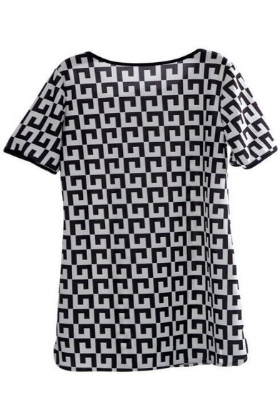 New Stylish Plaid Print Short Sleeve Round Neck Mini Dress