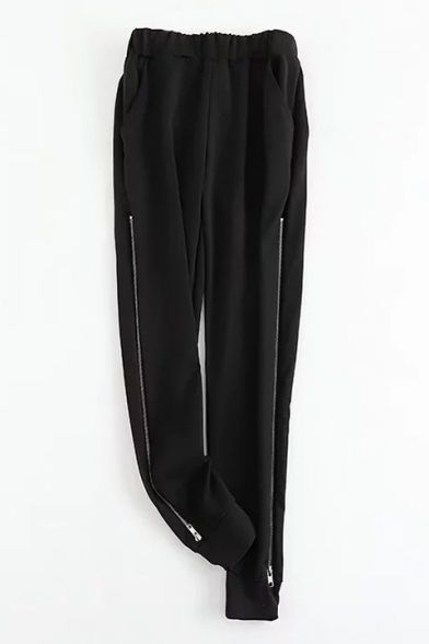 New Trendy Elastic Zipper Side Simple Plain Pants