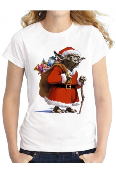 Popular Christmas Alien Santa Gift Printed Round Neck Short Sleeves Pullover Tee