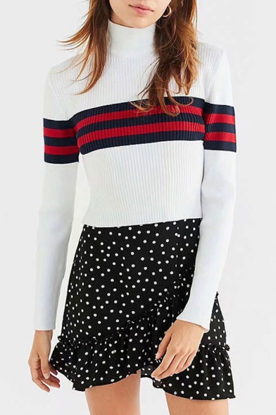 Retro Striped Print Turtleneck Long Sleeve Pullover Cropped Sweater