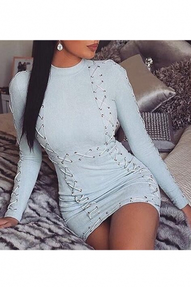 Sexy Collared Long Sleeve String Detail Mini Bodycon Dress