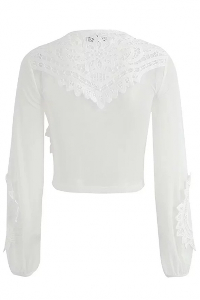 Sexy Lace-Up Front Sheer Back Long Sleeve Lace Cropped Blouse