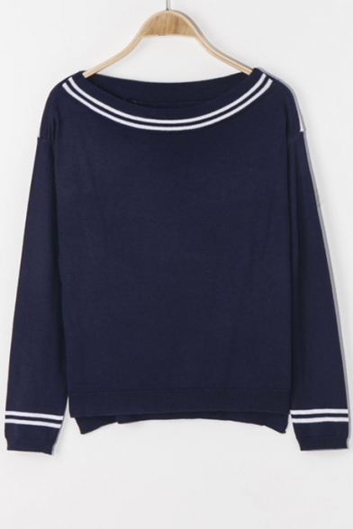 Simple Leisure Striped Boat Neck Long Sleeve Pullover Sweater