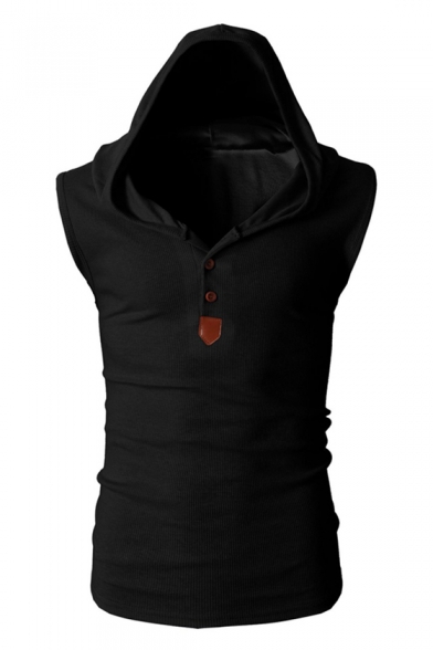 Simple Plain Double Buttons Sleeveless Pullover Slim-Fit Hooded Vest