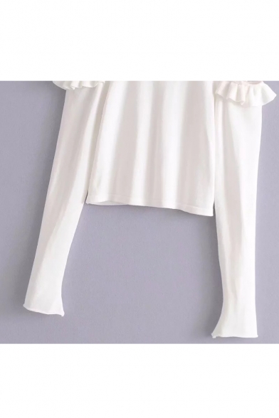 Stylish Plain Ruffle Cold Shoulder Long Sleeve Cropped Pullover Sweater