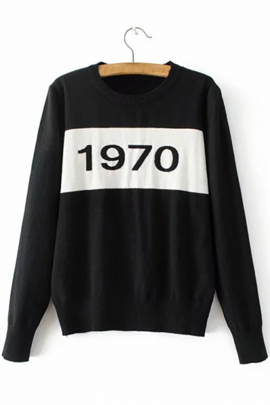Trendy Number Pattern Color Block Long Sleeves Pullover Slim-Fit Sweater