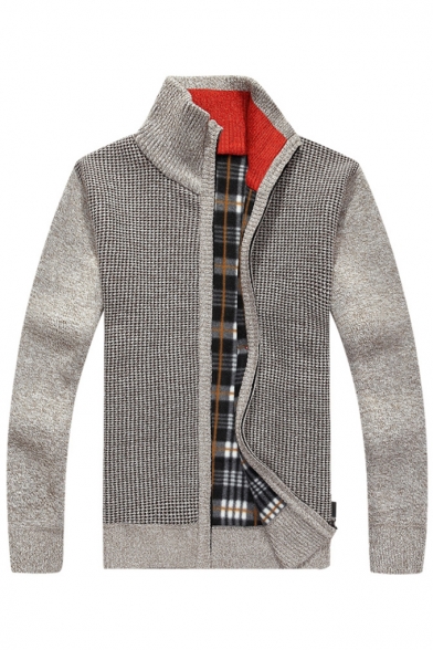 Trendy Stand-up Collar Long Sleeve Plain Zippered Sweater