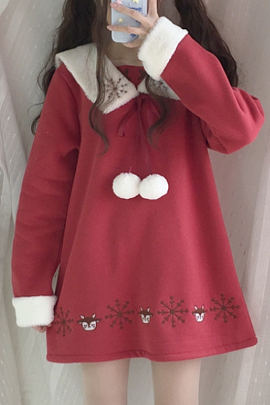 

Adorable Deer Snowflake Embroidery Lapel Pom Pom Detail Long Sleeve Mini Swing Dress, LC459252, Dark navy;red