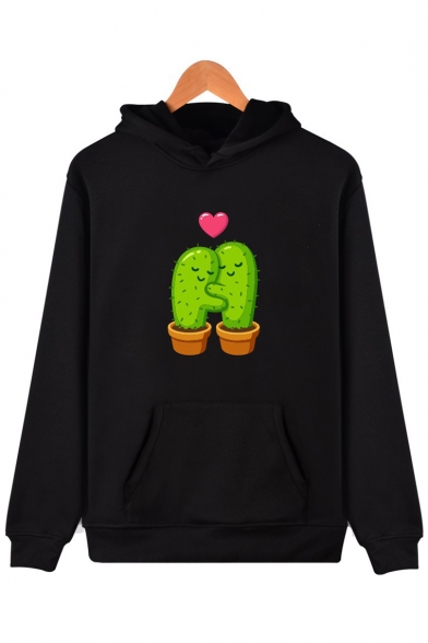 Autumn's Fashion Cactus Cartoon Pattern Long Sleeves Pullover Hoodie with Pocket