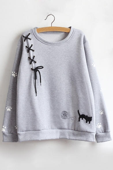 Cartoon Cat Print Tie Front Long Sleeve Round Neck Pullover Sweatshirt