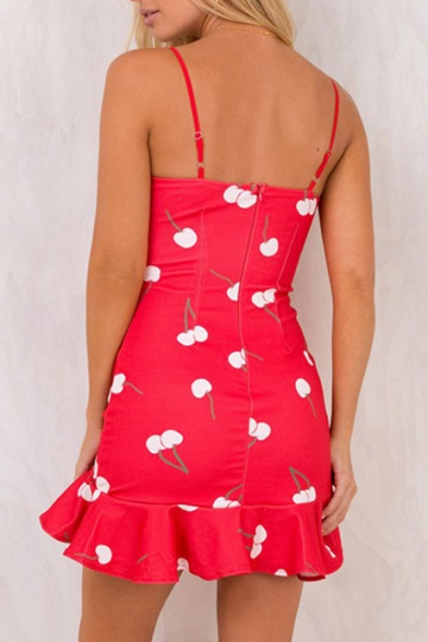 Cherry Print Spagetti Straps Ruffle Hem Pencil Mini Dress