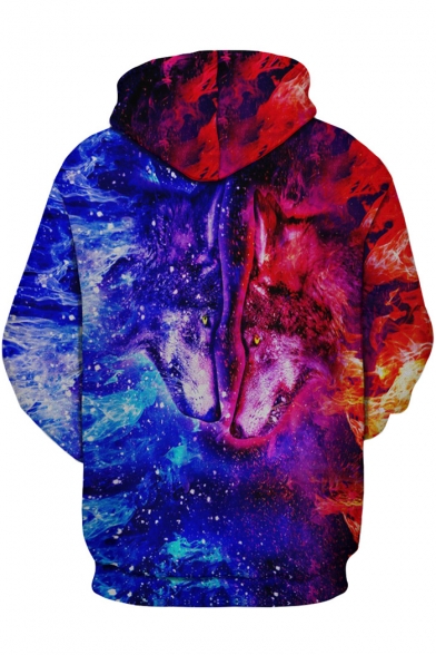 Chic Wolf Color Block Wolf Print Long Sleeve Pocket Hoodie for Couple