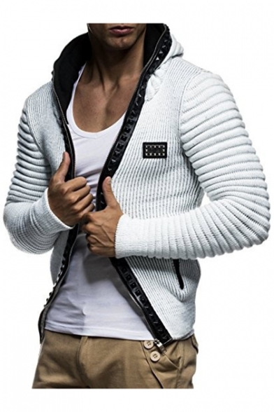 Cool Long Sleeves Rivets Embellished Hooded Zippered Ribbed Plain Coat with Zipped-Pockets