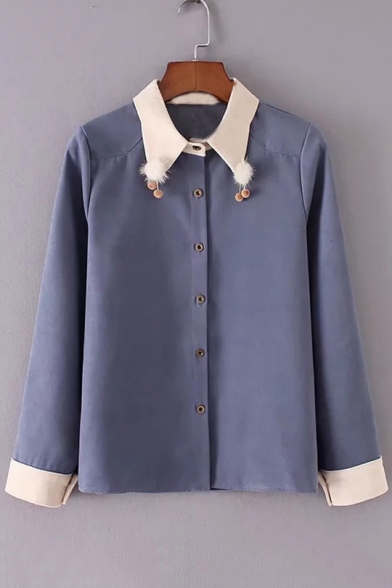 Elegant Point Collar Pompom Embellished Button Down Long Sleeves Shirt