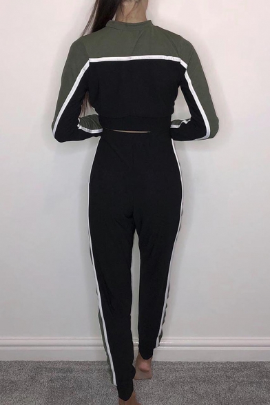 Fashionable Color Block Long Sleeve Cropped Top Elastic Waist Pants Sports Co-ords