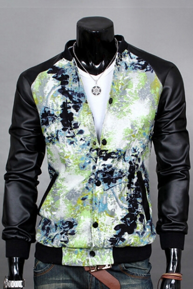 Faux Leather Panel Color Block Print Long Sleeve Stand-Up Collar Single Breasted Jacket