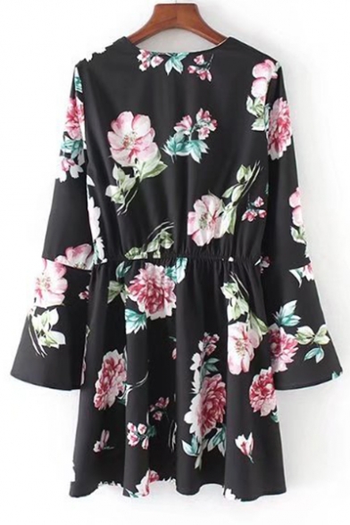 Floral Print V-Neck Flared Long Sleeve Wrap Mini Dress
