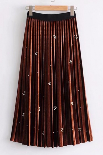 Hot Fashion Elastic Waist Beaded Detail Simple Plain Pleated Skirt