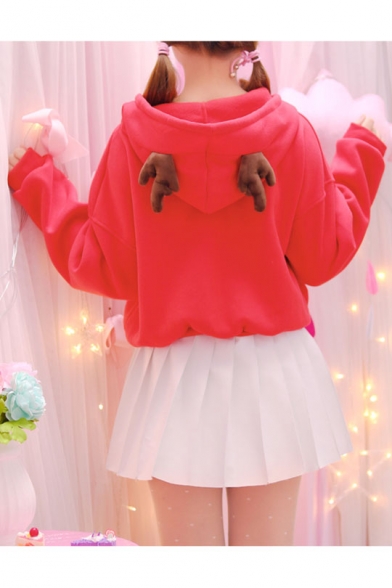 Leisure Antlers Hooded Long Sleeves Pompoms Pleated Pocket Co-ords