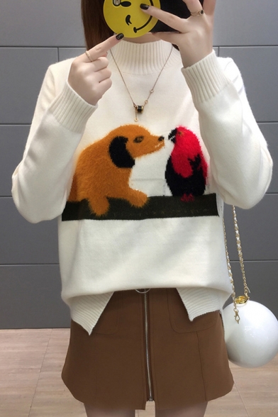 Lovely Color Block Animal Applique Pattern Stand Up Neck Long Sleeve Pullover Sweater