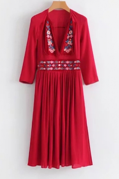New Design Tribal Style Floral Embroidery Plunge Neck Long Sleeve Midi Dress