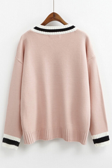 New Trendy Striped Trim Long Sleeve V-Neck Pullover Sweater