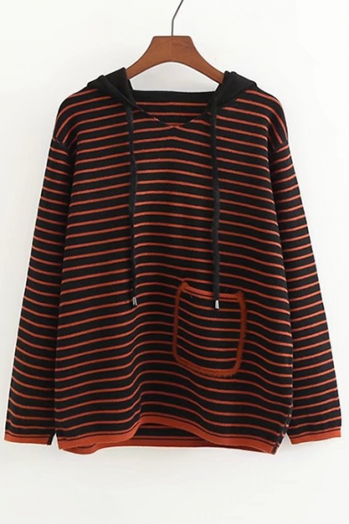 Retro Color Block Striped Print Long Sleeve Hooded Sweater