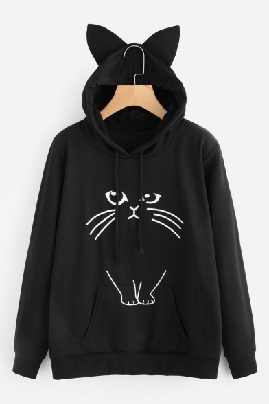 Simple Cat Cartoon Pattern Long Sleeves Pullover Hoodie with Ears & Pocket