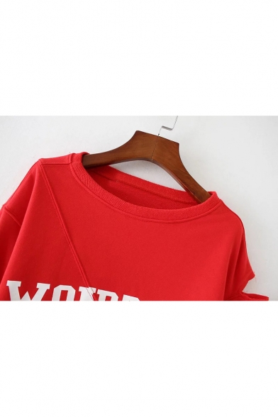 Simple Letter Print Round Neck Keyhole Long Sleeve Cropped Pullover Sweatshirt