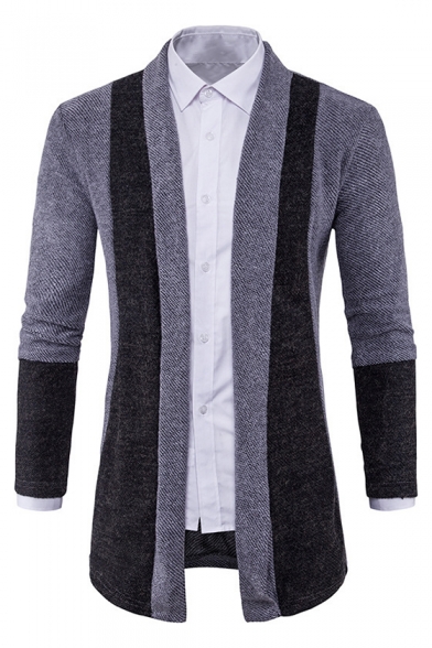 Stylish Color Block Long Sleeves Collarless Open Front Slim-Fit Men's Cardigan