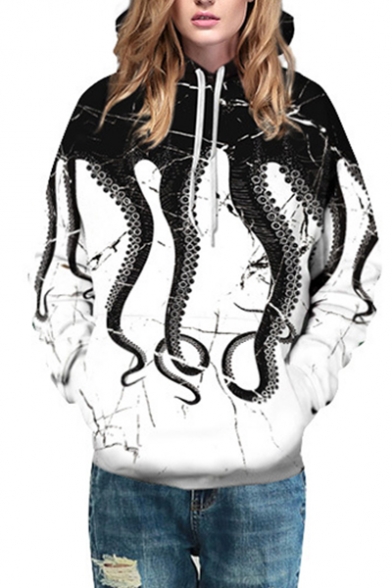 Stylish Octopus Printed Drawstring Long Sleeves Unisex Hoodie with Pocket