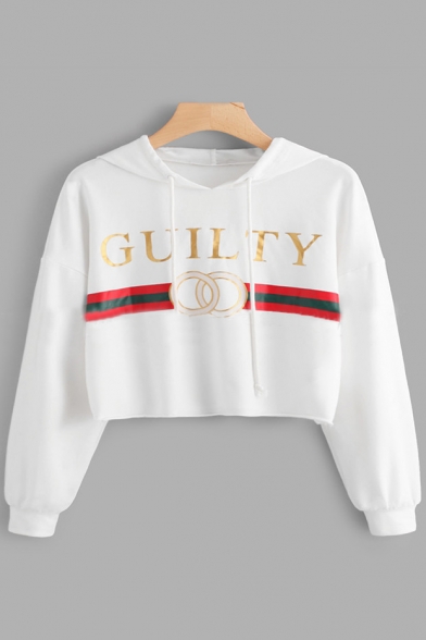Trendy Letter Striped Ring Pattern Long Sleeves Pullover Cropped Hoodie