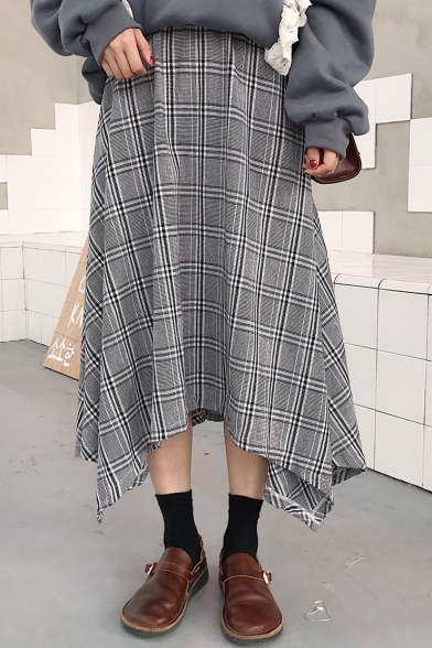 Vintage Plaid Pattern Asymmetric Hem A-Line Midi Skirt