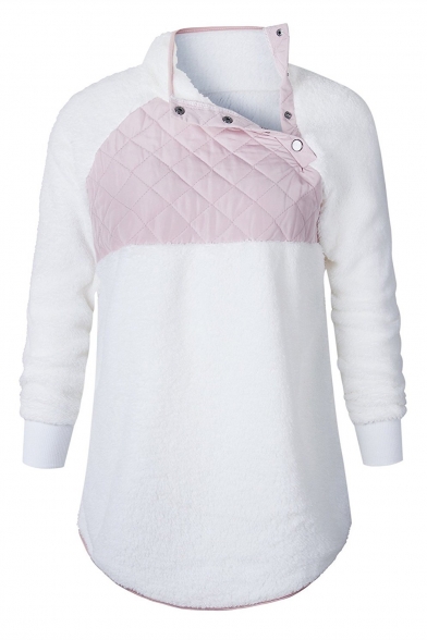 Warm Color Block Quilted Chest Long Sleeves Button Neck Pullover Sweatshirt