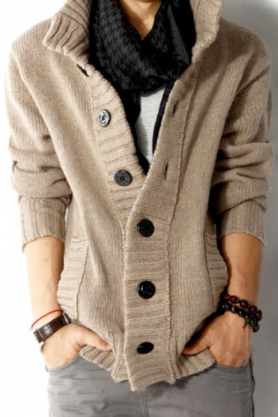 Casual Button Down High Neck Long Sleeves Ribbed Cardigan with Pockets