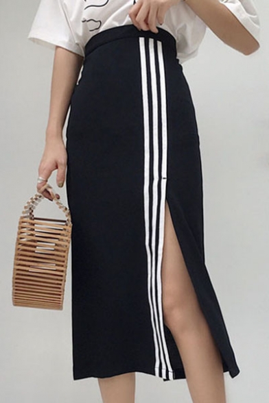Casual Striped Pattern Split Side Midi Tube Women's Skirt